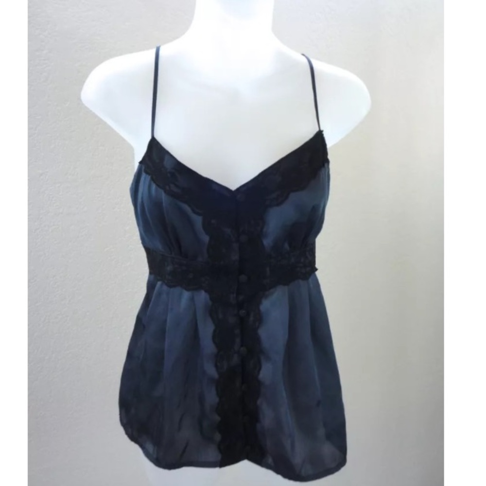 CHIC Navy Black Lace Shiny Delicate Underlay Cami Dress Tank Top sz M